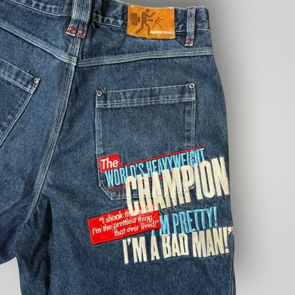 Platinum FUBU Muhammad Ali Denim Shorts Men's W36 Blue Embroidered Vintage Y2K - Picture 3 of 7